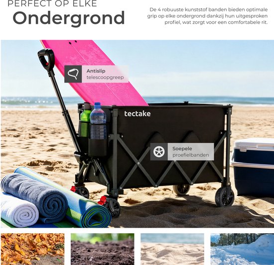 tectake® Handkarren – Zusammenklappbar – 80 kg Tragkraft – Schwenkbare Vollgummiräder mit Bremse – 45 x 88 x 95 cm - Handkarren – Transportwagen – Mit verstellbarer Schubstange – Handkarren – Wasserabweisender Transportwagen – Mit Ablagebrett und Innenfac