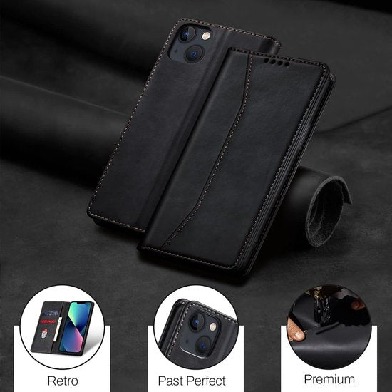 Podec Case mit Kartenhalter geeignet für iPhone 13 Mini Schwarzes Handy Case - Anti-Shock Bookcase Cover mit 1x Displayschutzfolie - Wallet Case