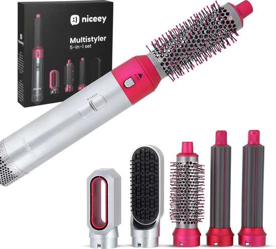 Niceey Haartrocknerbürste - Lockenstab 5-in-1 Set - Airstyler - Multistyler - Stylingbürste - Lockenstab mit Aufsätzen - Haartrockner mit Bürste - Mit Handschuh - Lockenbürste - Haarbürste - 2025 Modell - Grau/Lila