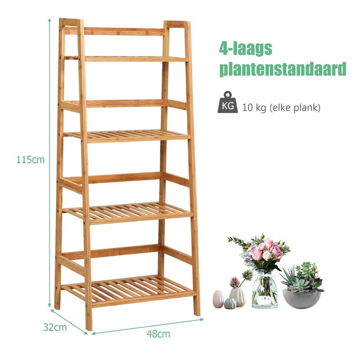 Coast 4-tier Ladder Shelf Plant Stand and Bamboo Book Rack - Natural - 48x32x114 cm