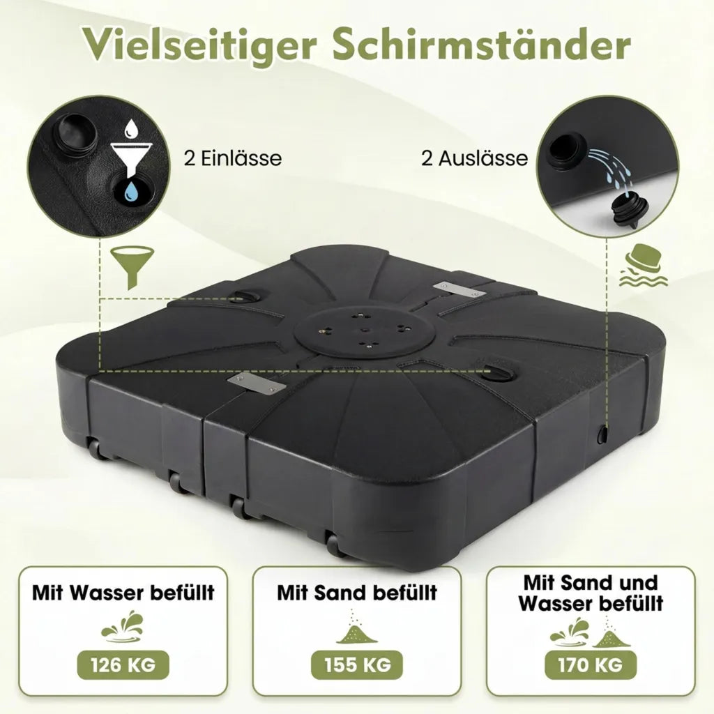 Coast Sonnenschirmständer mit Rollen – Befüllbarer Sonnenschirmständer bis 170 kg mit integriertem Metallkreuzfuß – für große Schwebeschirme – Schwarz