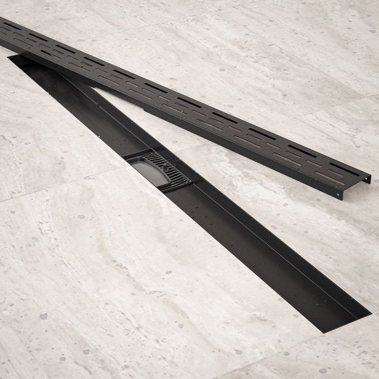 Duschrinne – 90 cm – Mattschwarz – Standardgitter – Edelstahl – Mit Flansch