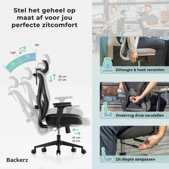 Backerz® Ergonomischer Bürostuhl - Für Erwachsene - Vollständig einstellbar - Zertifiziert bis 150kg - Spielstuhl - Motion Mesh - Schwarz