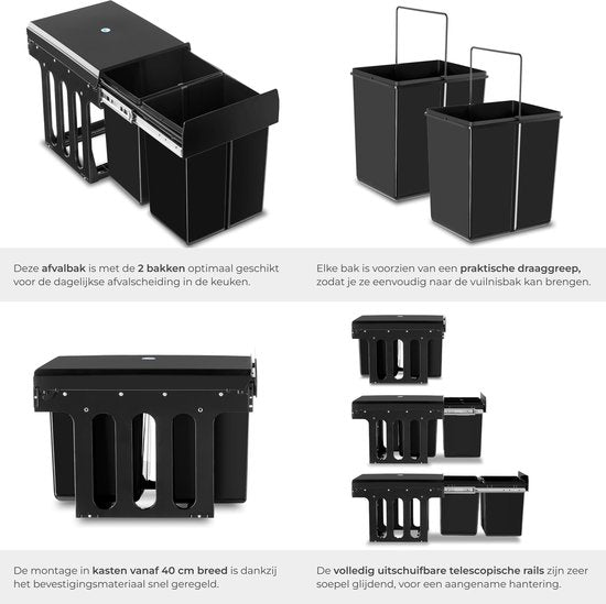 tectake Abfallsammler - Einbau-Abfallsammler - Mehrfache Mülltrennung - Effiziente Aufräumlösung für Küche und Büro - Doppel-Abfallsammler mit Teleskopschienen - 2x 15L