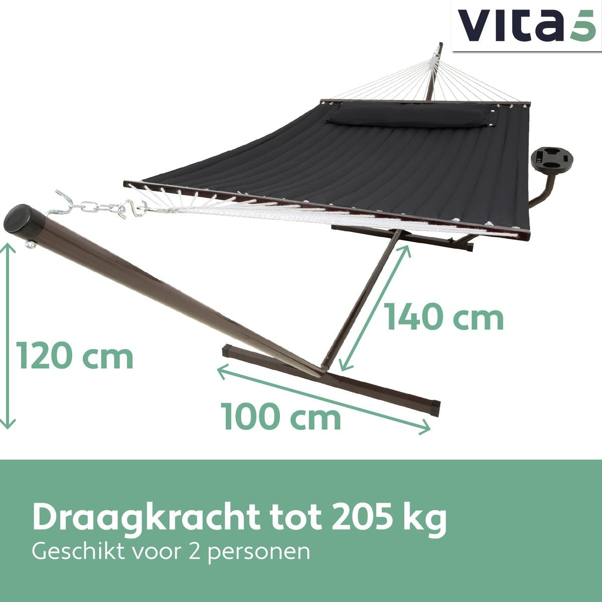 Vita5 Hängematte mit Ständer und Spreizstange - 2 Personen - Abnehmbares Kissen - UV-beständig - Schwarz