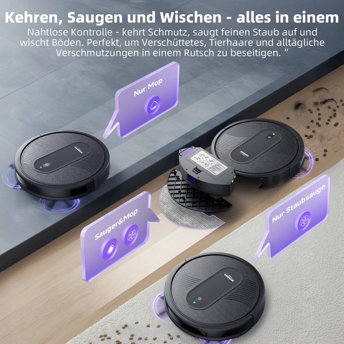 monsga „MONSGA MR1 Roboterstaubsauger, Roboterstaubsauger mit 3000 Pa starker Saugkraft, 3,2" superflach, 140 Min. Laufzeit, Staubsaugerroboter für Hartböden/kurzflorige Teppiche/Tierhaare, Fernbedienung/App/Sprachsteuerung, Reinigungsplanung