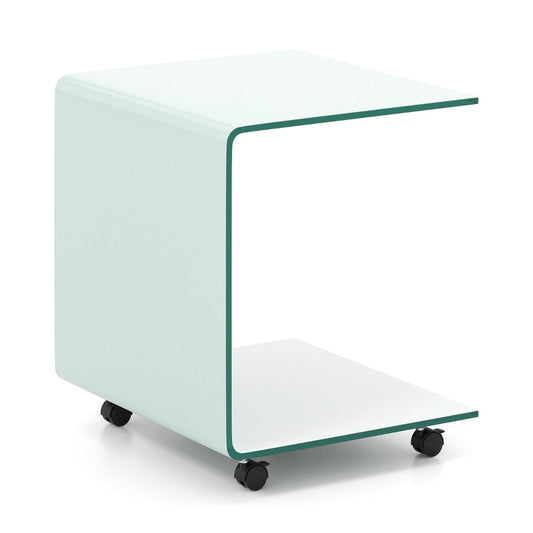 Coast C-förmiger Beistelltisch – Weiß – 39,5 x 45 x 48 cm – Hartglas – Mit feststellbaren Rollen