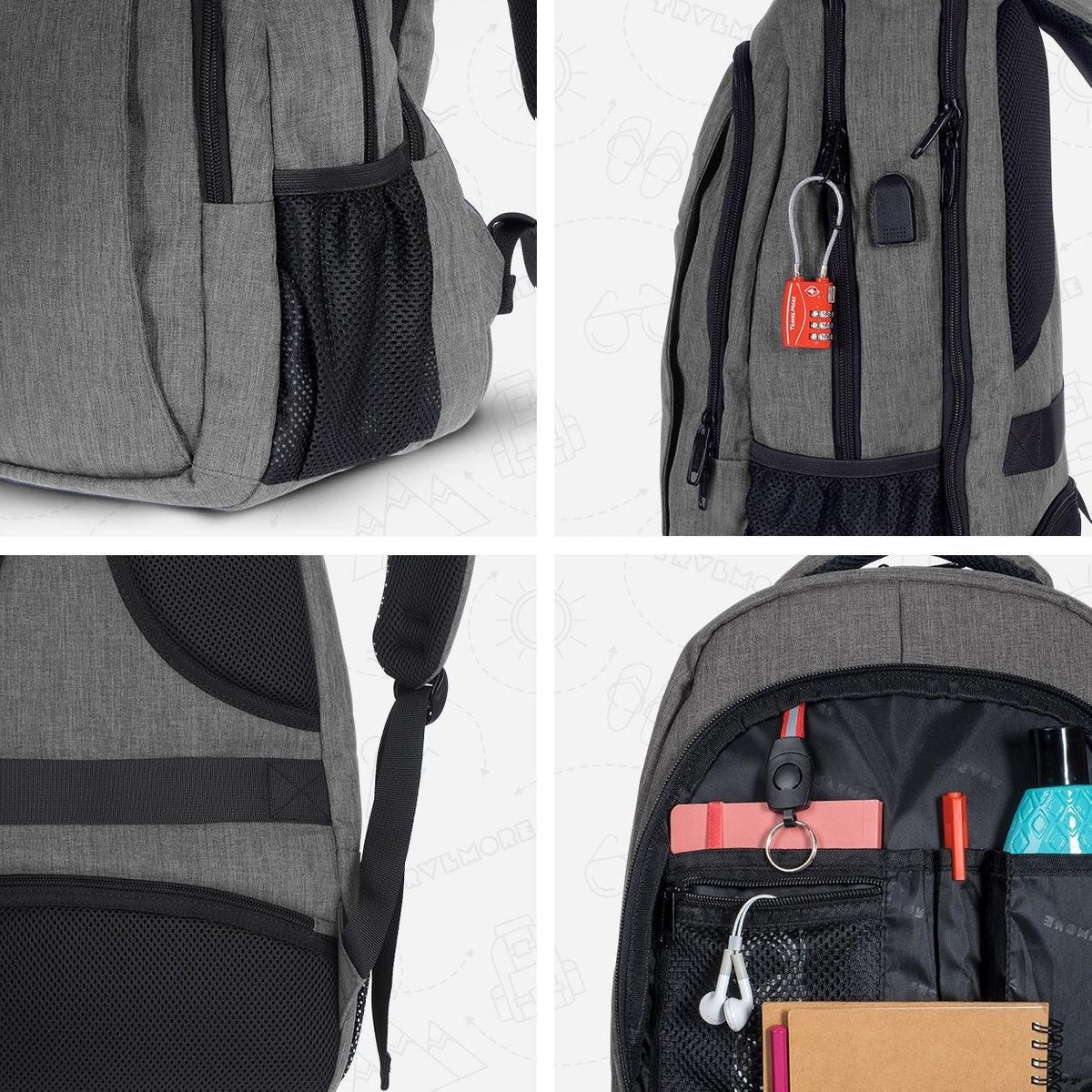 TRVLMORE Rucksack - 28L - 15.6 Zoll - Laptop-Rucksack - Schultasche - Unisex - Spritzwassergeschützt Grau