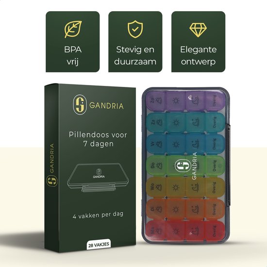 Gandria Pillenbox 7 Tage - Herausnehmbare Pillenbox - Medizinbox mit 28 Fächern - Medizinbox mit stabilem Verschluss - 4 Fächer pro Tag