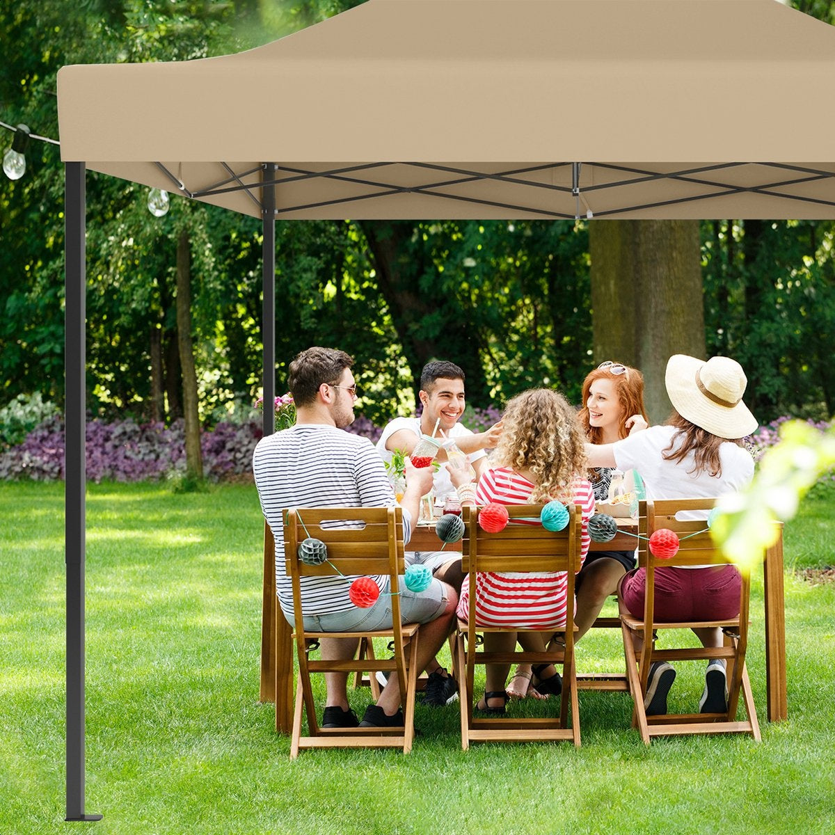 LifeGoods - Partyzelt - Pavillon - 3,0 x 4,5 m - leicht aufbaubar, faltbar, wasserdicht - Tragetasche mit Rädern - Beige