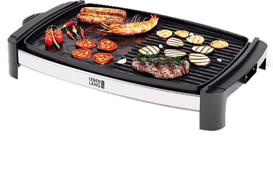 LEBENLANG Elektro-Grillplatte - 2000 Watt - 4 bis 8 Personen - Für drinnen & draußen - 32,1 x 54,5 x 6,5 cm - Schwarz