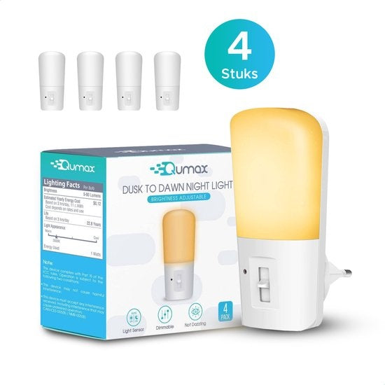 Qumax LED Nachtlicht Sockel 4 Stück - Dimmbare Nachtlichter mit Sensor - Babyzimmer Nachtlicht - Tag und Nacht Sensor - Kinder & Baby - Weiß