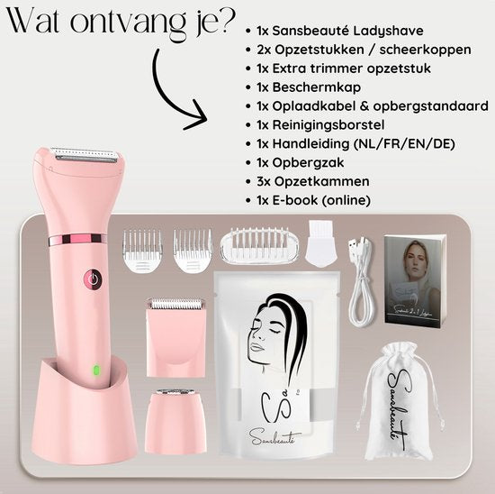 Sansbeauté® 3-in-1 Damenrasierer - Für Gesicht, Achseln & Beine - Elektrisch - USB aufladbar - Pink