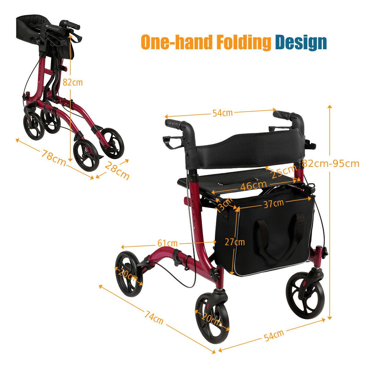Coast Faltbarer Aluminium Rollator mit 4 Rädern, Rot - 54 x 74 x 82-95 cm