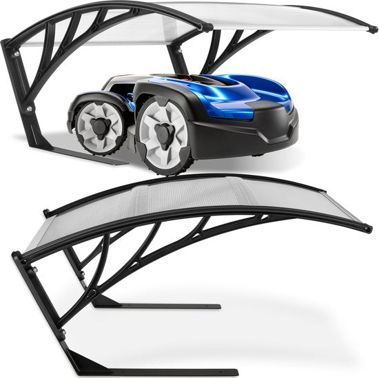 tectake® Garage für Mähroboter – Carport für Rasenmäher – Überdachung für Ladestation des Mähroboters – wetterfest – 81 x 100 x 48 cm – inklusive 4 Erdnägel – transparent