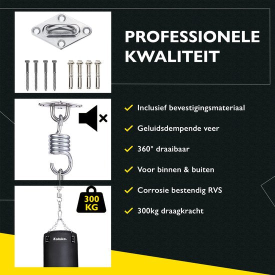 Zoluko Edelstahl-Aufhängesystem - 300 KG Tragkraft - 360° frei drehbar - schalldämpfende Feder - Boxsack-Aufhängesystem - Deckenhalterung - Deckenhaken - Aufhängehaken - Schraubhaken - Chrom