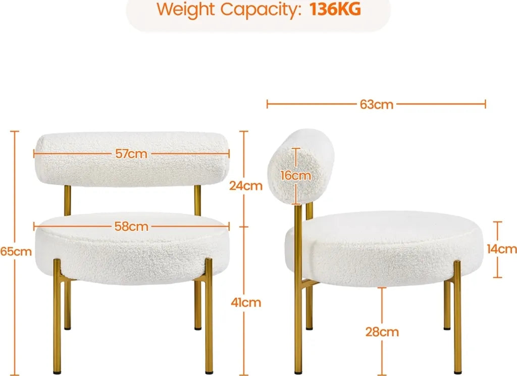Yaheetech Lounge Chair 63 × 58 × 65 cm - Weißer Bouclé - Moderner Relaxsessel mit runder Sitzfläche und Metallbeinen