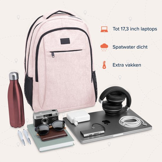 TRVLMORE Rucksack - 36L - 17.3 Zoll - Laptop-Rucksack mit USB - Schultasche - Herren und Damen - Tasche -Lebenslang - Pink