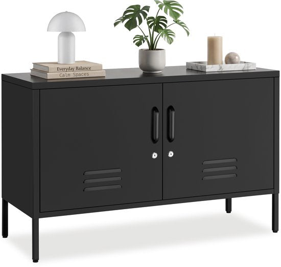 tectake® Stahl-Sideboard – TV-Möbel – 100 x 42,5 x 65 cm – Kommode – Verstellbare Einlegeböden – 2 Türen mit Magnetverschluss – Lowboard – Metallschrank – Schwarz