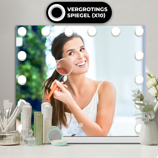 Bayt Hollywood Spiegel mit Beleuchtung - Make-up Spiegel mit Beleuchtung - Spiegel mit Beleuchtung - dimmbar - 10x Vergrößerung - 50x40cm - Weiß