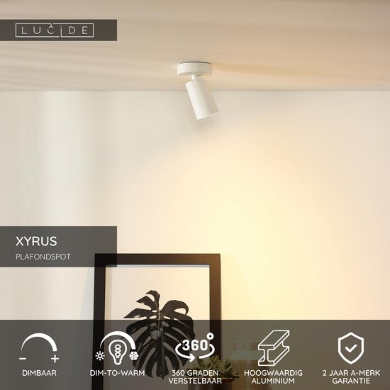 Lucide XYRUS – Deckenstrahler (Deckenleuchte) – Ø 9 cm – LED „Dim to warm“ – GU10 – 1x5 W 2200 K/3000 K – Weiß