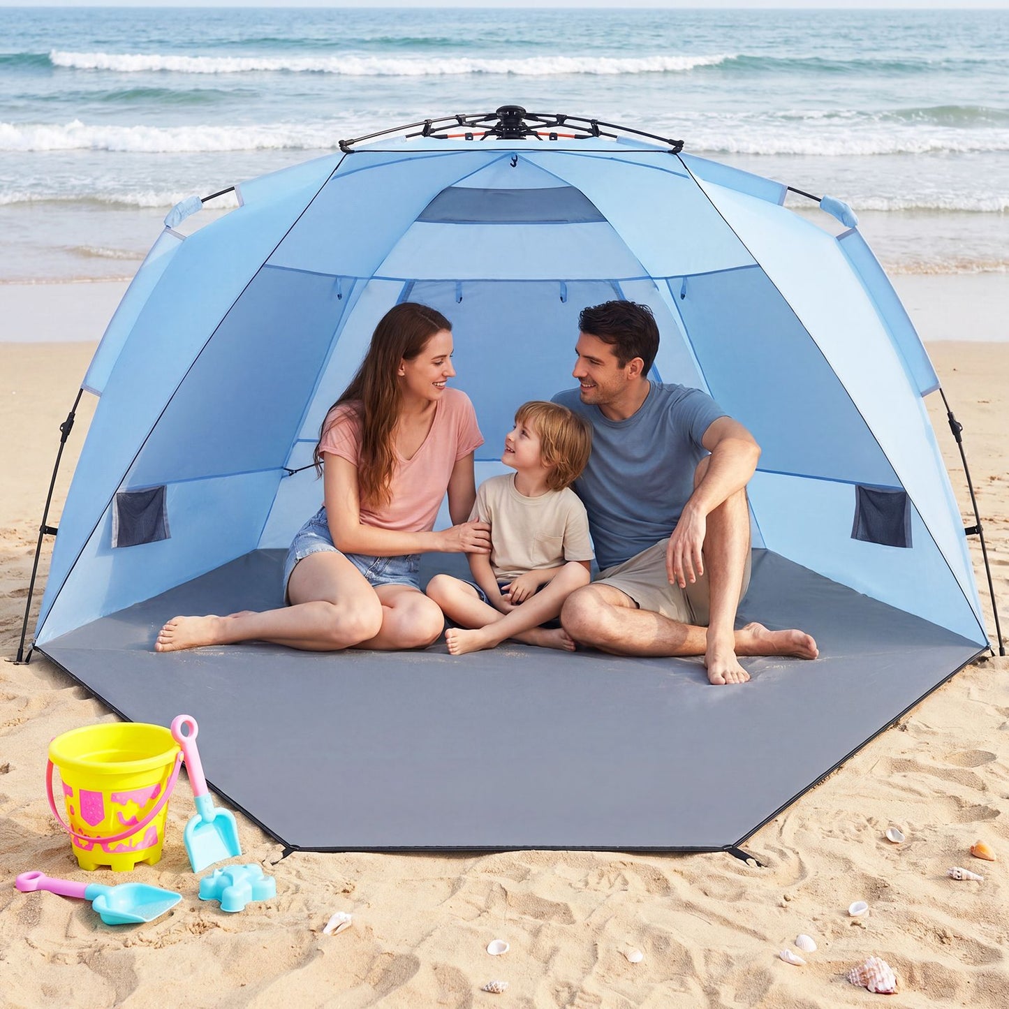 Coast Pop-up-Strandzelt für 3–4 Personen – Grau/Blau – 278 x 140 x 142 cm – inkl. Tragetasche, Heringe und Sandsäcke