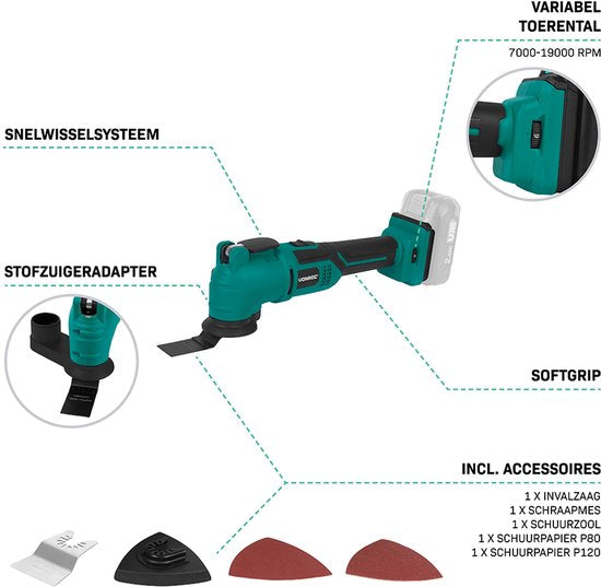 VONROC Accu Multitool 20V - mit Schaber, Kreissägeblatt, Schleifblock und Schleifpapier - 6 Geschwindigkeiten: 7.000 - 19.000 U/min - Exkl. Akku und Ladegerät