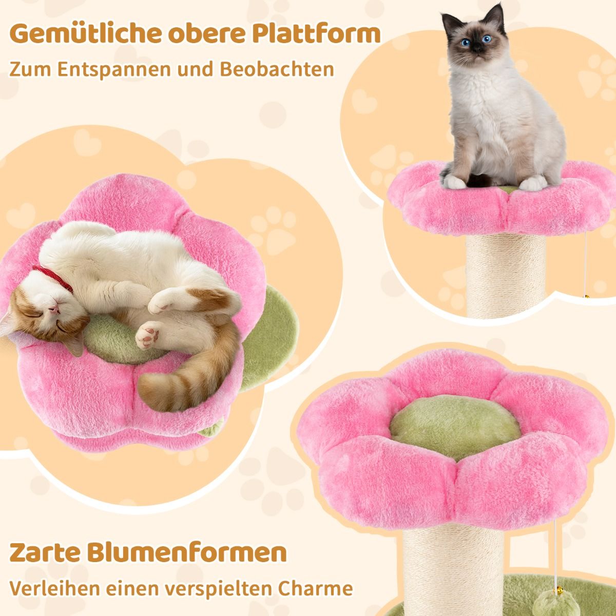 Coast Kratzbaum für Katzen – 3 Etagen – mit Plüsch-Liegefläche und Blumenplattformen – rosa – 69 cm