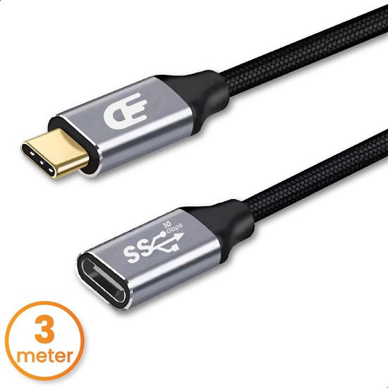 Drivv. USB-C-Verlängerungskabel 3.2 - Stecker auf Buchse - Schnellladung / Schnellladegerät - USB-C-Daten- und Ladekabel - 3 Meter - Geeignet für Samsung, iPhone 15 & mehr - Grau