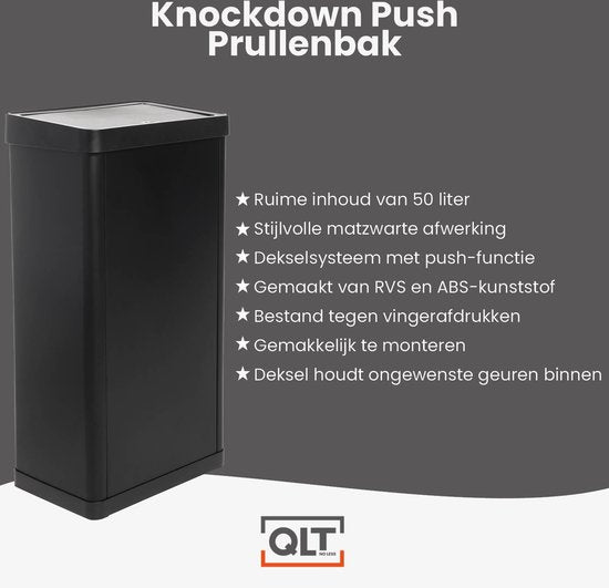 QLT Knockdown Push Mülleimer 50 Liter - Deckel öffnet durch Drücken - Fingerabdrucksicher - Modernes und langlebiges Design - 36x24.2x83 cm - Schwarz