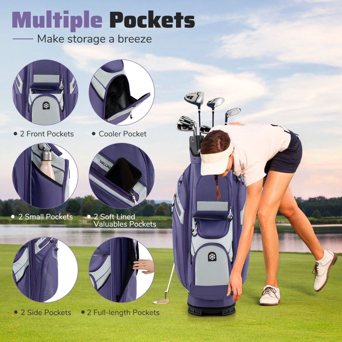 Coast Golfwagen-Tasche – 14-Fächer-Aufteilung – 11 Staufächer – Lila