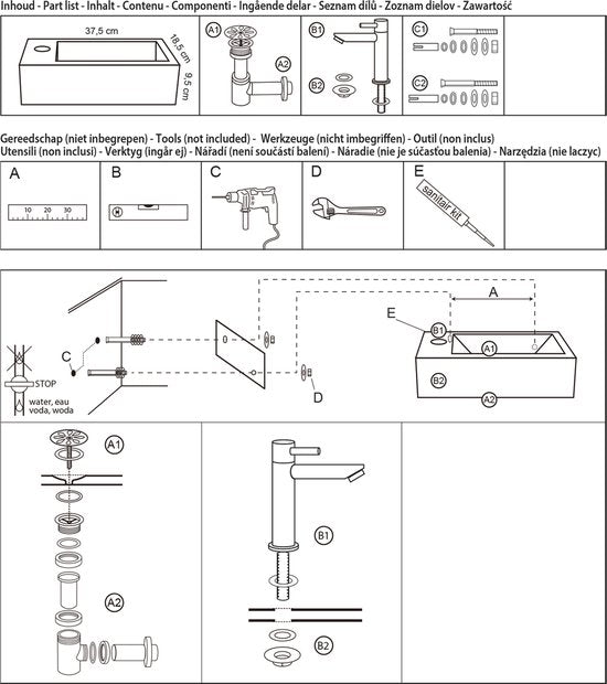Differnz Helios Brunnenset - Wasserhahn links - Becken Keramik Weiß - Gerade Armatur - Matt Schwarz - Standardgriff - 37,5 x 18,5 x 9,5 cm