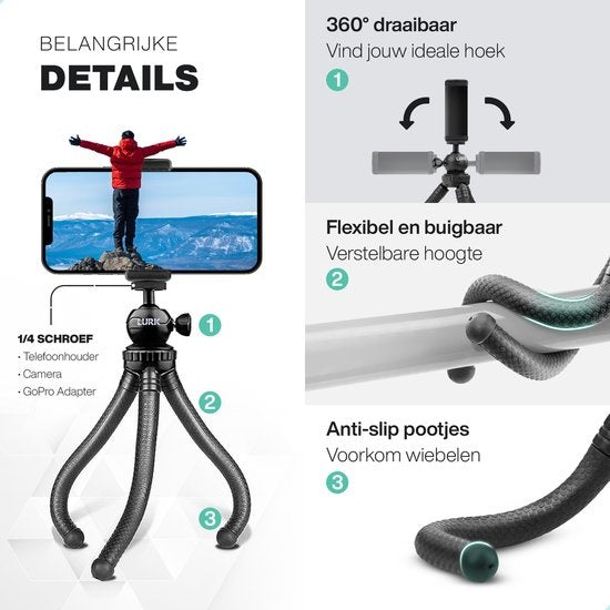 LURK¬Æ 3 in 1 Flexibele Octopus Tripod statief voor smartphone & (actie)camera - Incl. telefoonklem en bluetooth afstandsbediening - 25 cm