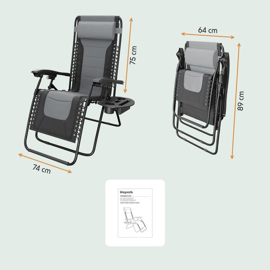 LifeGoods Lounger Comfort - klappbar - 30°-90° verstellbar - Tassen- und Telefonhalter - Gartenstuhl - Schwarz/Grau
