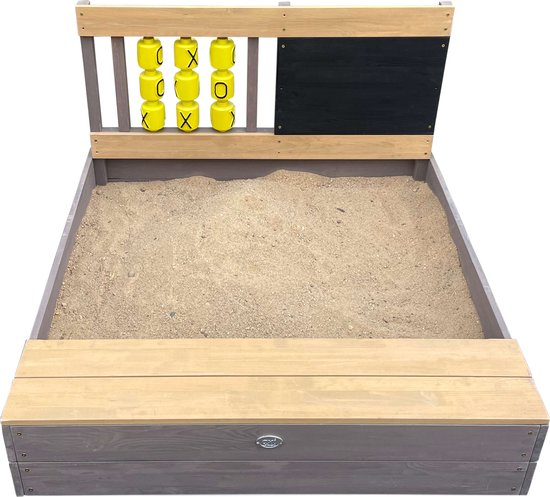 AXI Kitty Sandkasten mit „Butter-Käse-und-Eier“-Motiv, grau/braun – Mit Sitz – Inklusive Abdeckplane und Bodenplane – FSC-zertifiziertes Holz