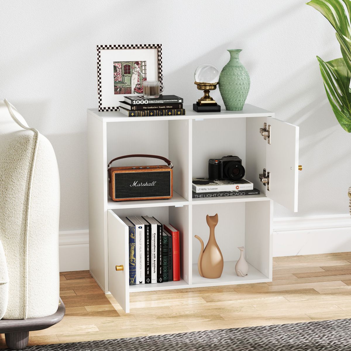 Coast Bücherregal mit 4 Fächern – mit Kippschutz – 2 Türen – weiß – 60 x 29 x 60 cm