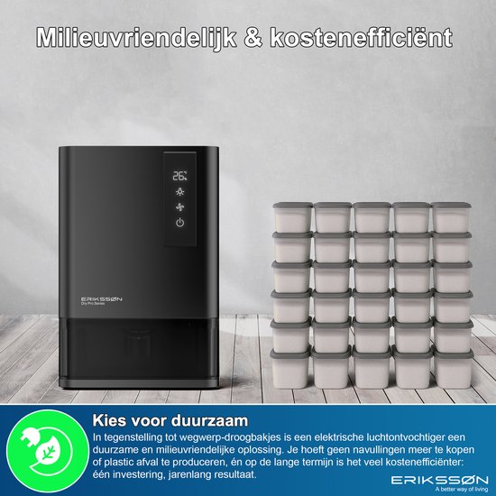 Erikssøn Luftentfeuchter Dry Pro Series - Entfeuchtet bis zu 1,2 Liter pro Tag - Geeignet für Haus, Schlafzimmer und Badezimmer und Wohnzimmer und Keller - Luftentfeuchter - Schwarz