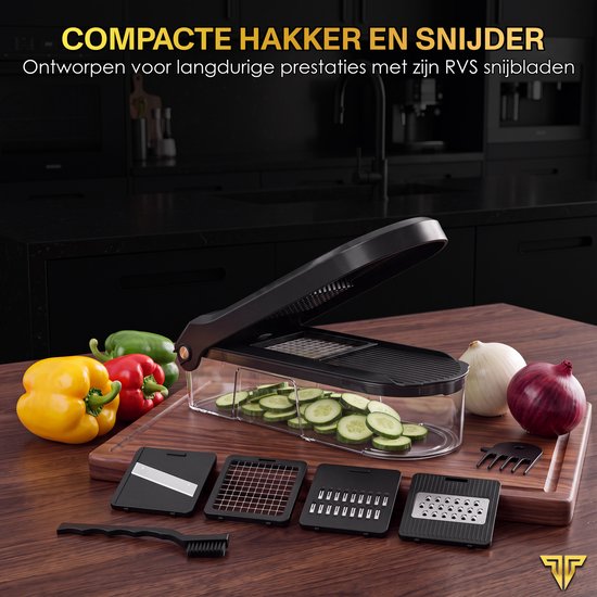 Toivo Kitchen Gemüseschneider – BPA-frei – Multifunktional – 7-in-1-Küchenmandoline – Manuell – Küchenzubehör – Küchenschneider – Zwiebelschneider – Spiralschneider – Pommes-Frites-Schneider – Schwarz