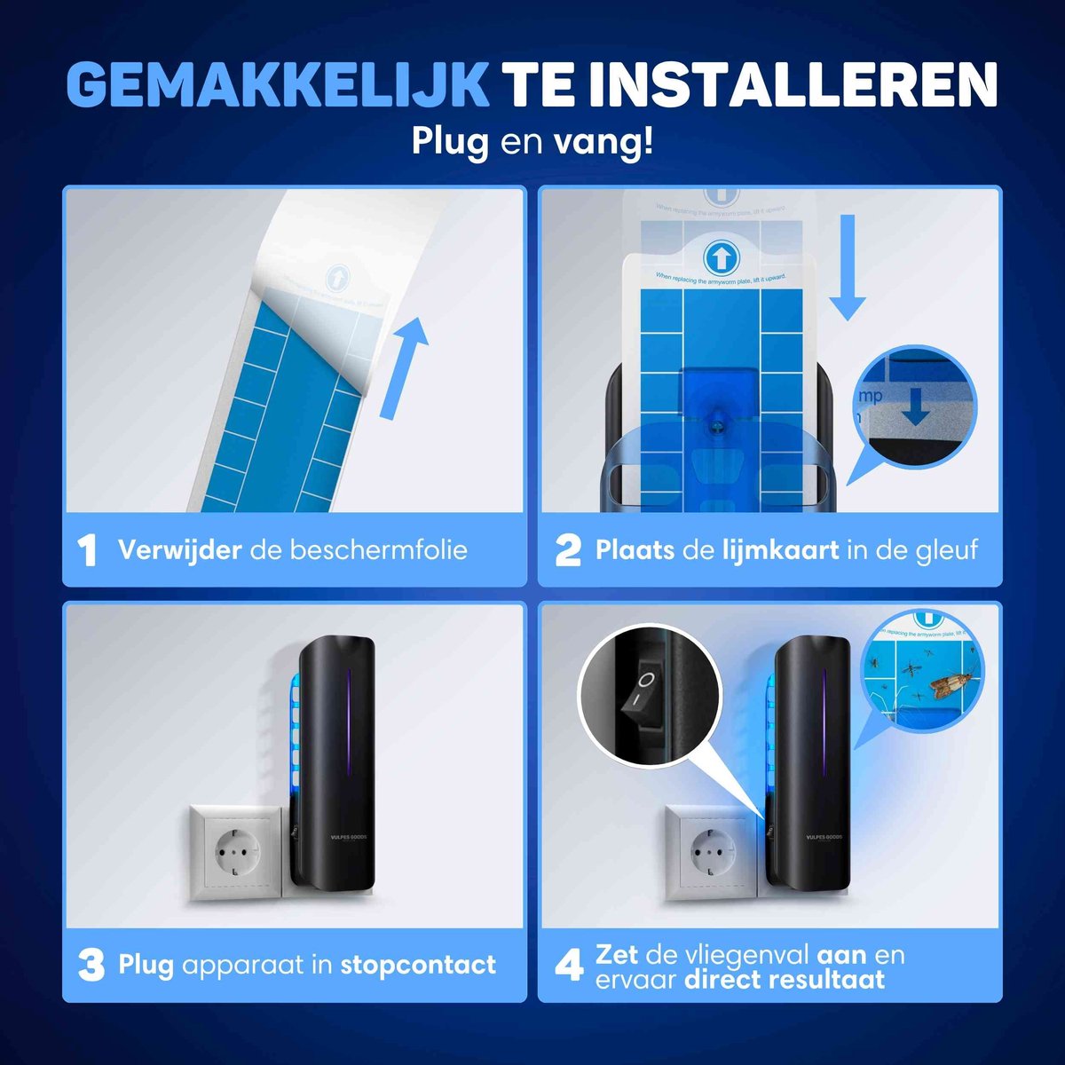 Vulpes Goods® Repellent Mückenlampe 9x9x25cm - Grau - UV-LED Fliegenlampe mit Klebestreifen - Geräuschlos, geruchlos & giftfrei - Inklusive 10 nachfüllbaren Klebeblättern - Für den Innenbereich