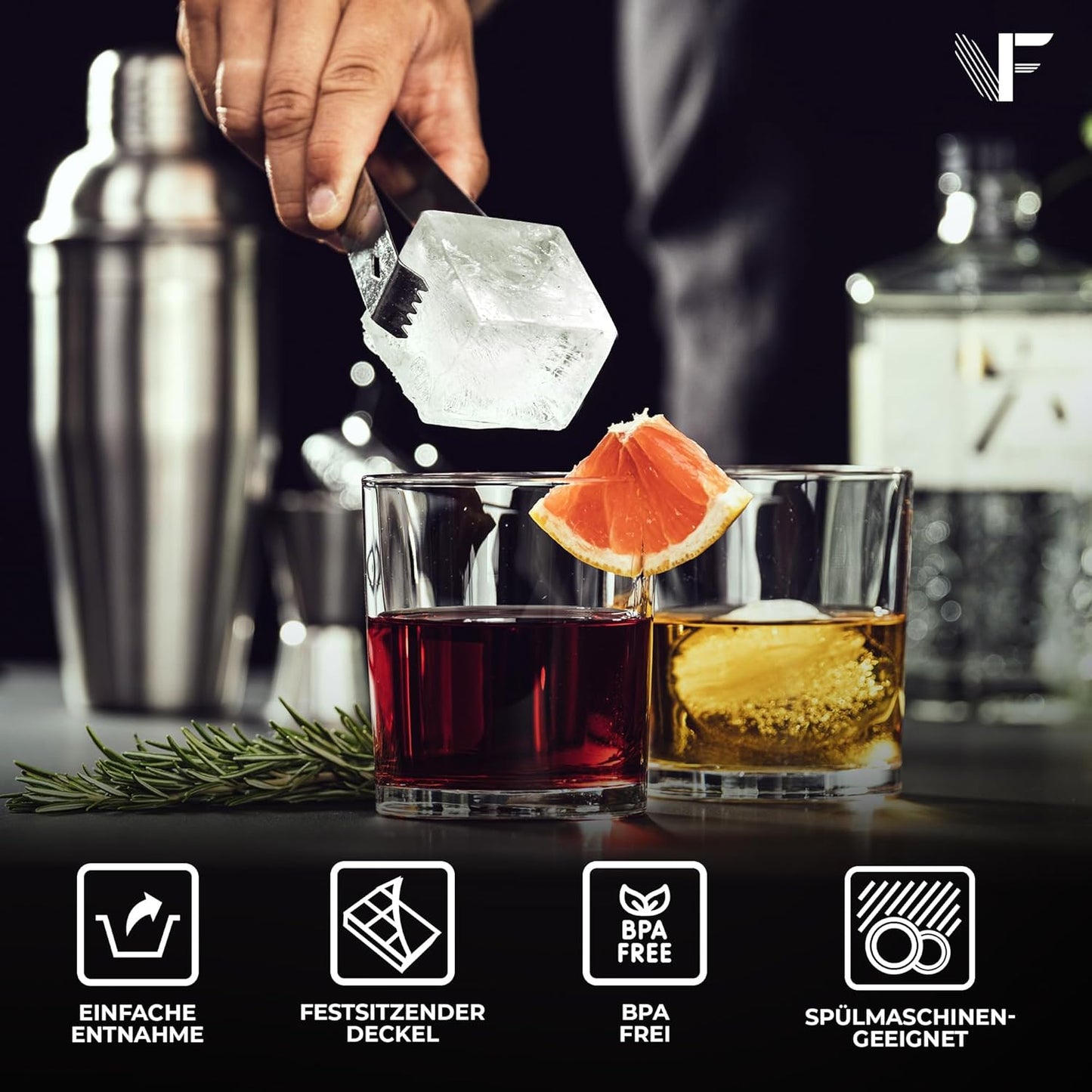 Neighbour's Friend Eiswürfelform groß 2er Pack - 12x XXL Eiswürfel für Cocktails, Whisky & Longdrinks - Platinsilikon Eiswürfelform mit Deckel spülmaschinengeeignet - Rieseneiswürfelform XL