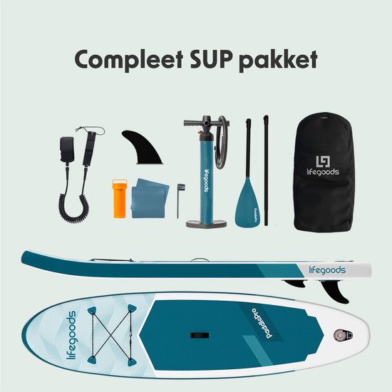 LifeGoods SUP Board All-round Compact - 100 KG Tragfähigkeit - 300 x 76 cm - Aufblasbar - Komplettes SUP Paket - Weiß/Tiefes Aqua