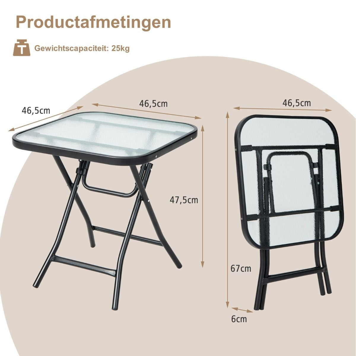 Coast Terrace Beistelltisch quadratischer Glastisch mit Edelstahlgestell klappbarer Couchtisch schwarz