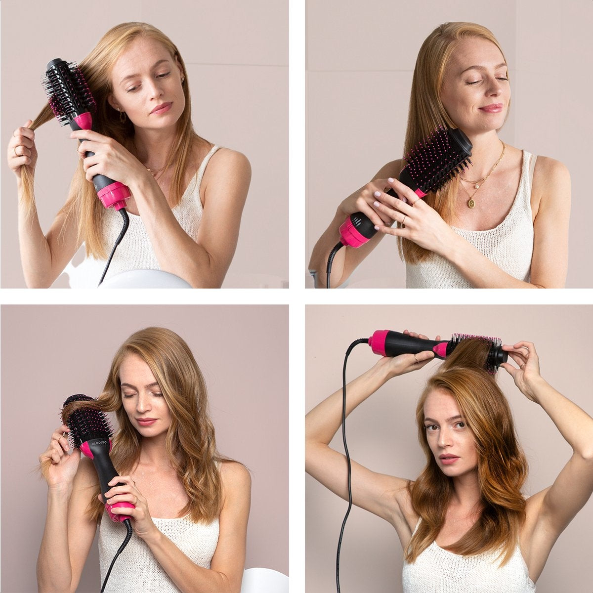 Auronic - 3-in-1 Haartrocknerbürste rund - Lang/Kurz/Style/Locken - Schwarz/Pink