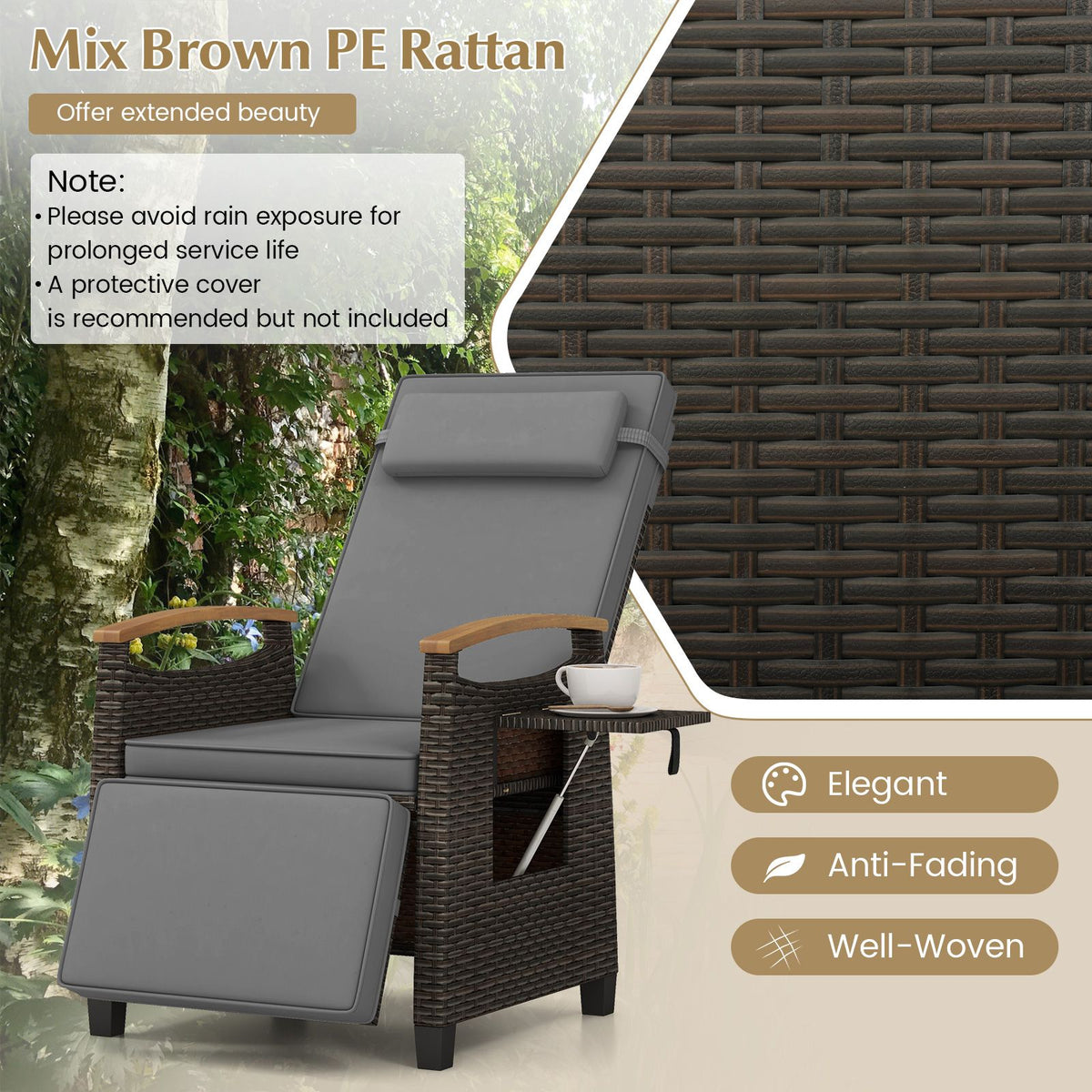 Coast Relaxsessel aus Rattan, grau – Verstellbare Rückenlehne 150° – Mit Fußstütze und Beistelltisch – 79–142 × 60 × 105–72 cm
