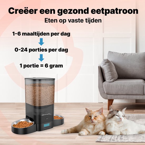 Jake and Jacky Futterautomat für Katzen und Hunde - 5 Liter - Inklusive 2 Edelstahl-Futterautomaten & 2 Langsam-Futterautomaten - Futterspender & Anti-Snack-Eimer - Futterspender - Futterautomat für Katzen & Hunde - Schwarz