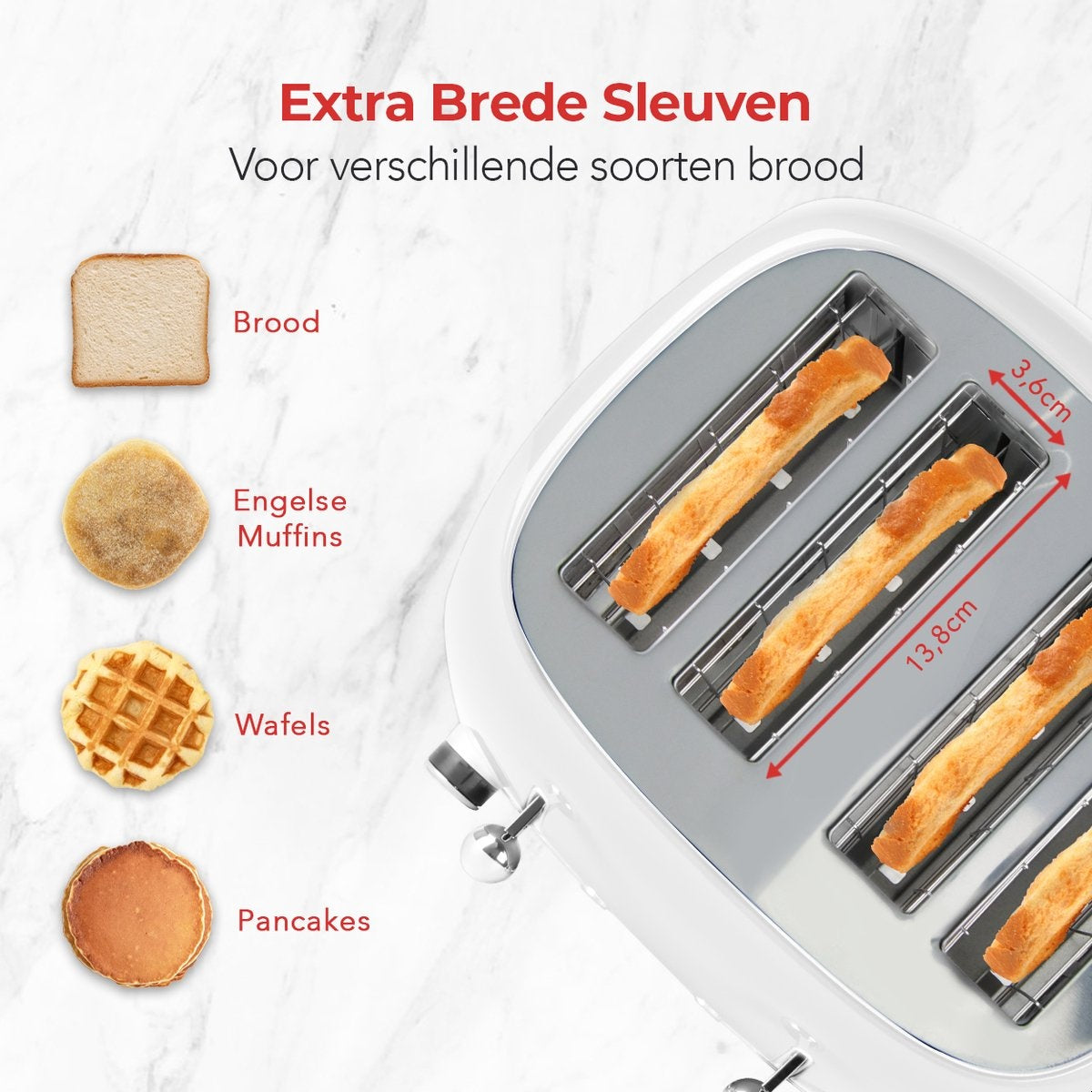 KitchenBrothers Retro-Toaster - 6 Heizstufen - 4 extra breite Schlitze - 1630W - Aufwärm- und Auftaufunktion - Weiß