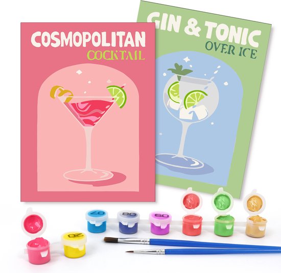 Rubye® Malen nach Zahlen Erwachsene - Gin Tonic - Cocktails - Inklusive Farbe und Pinsel - Leinwand Maltuch - Farbe nach Zahlen - Doppelset - 15x20cm