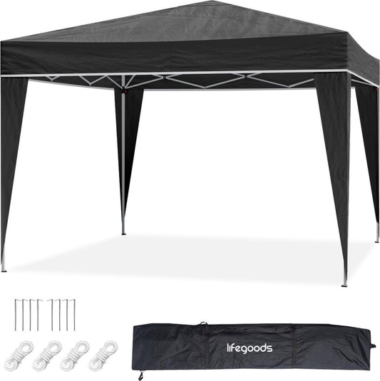 LifeGoods Partyzelt - Pavillon - 3x3 m - Einfacher Aufbau - Zusammenklappbar - Wasserdicht - Mit Tragetasche - Schwarz