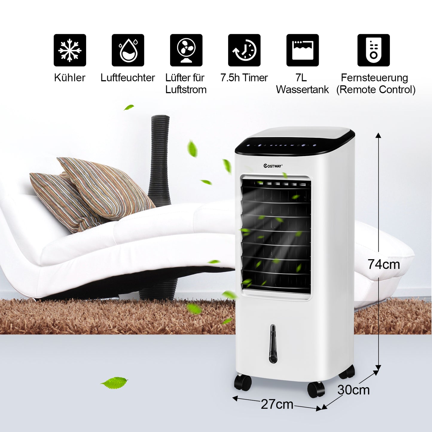 Coast Air Cooler - Luftbefeuchter - 4-in-1 - mit Kühlelementen und Fernbedienung - 65W - Weiß