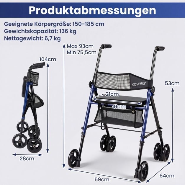 Coast Rollator Blau/Schwarz - Faltbarer Rollator mit Sitz, Tasche und verstellbarer Höhe - 59 x 64 x 75,5-93 cm